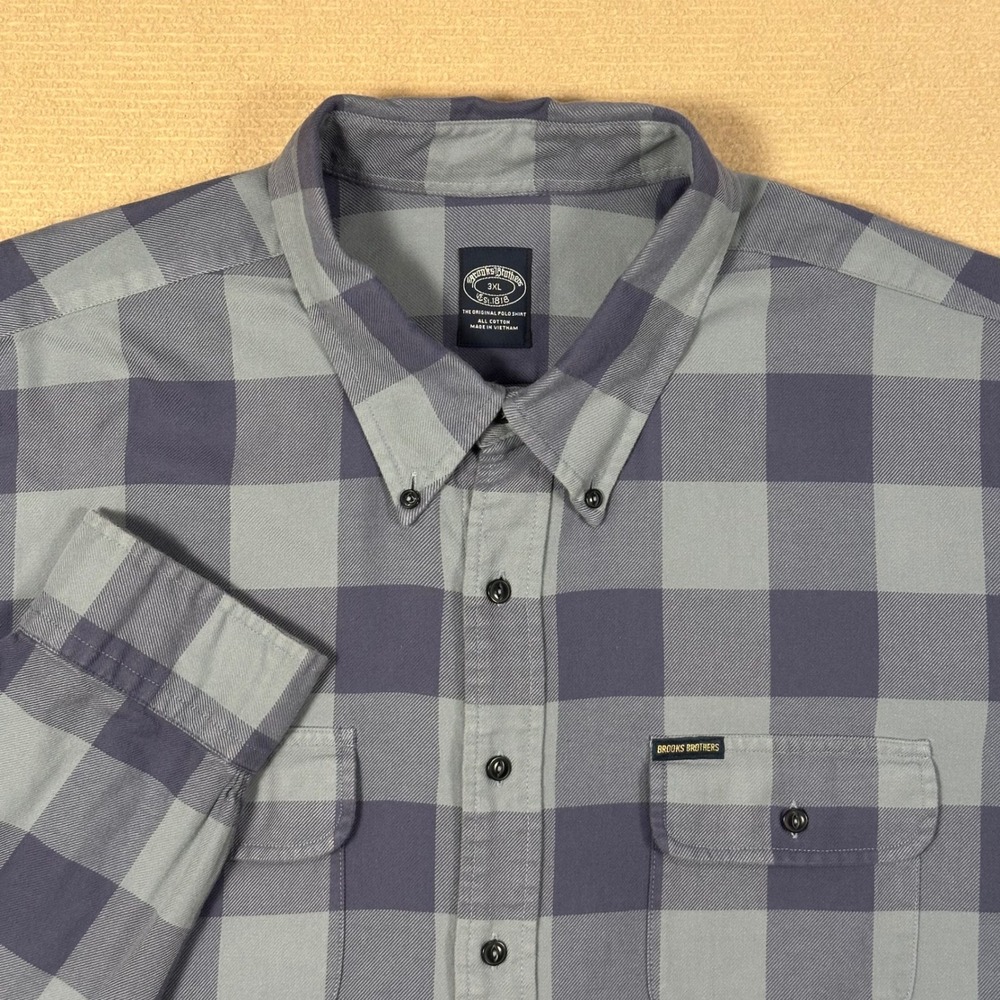 Brooks Brothers Flannel Shirt Mens 3XL Blue Grey Plaid Dual Pocket Button Down